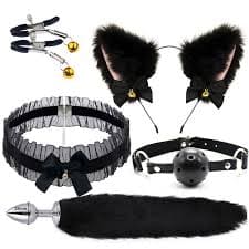 BDSM Bondage Set Nipple Clamps Fox Tail Anal Plug Roleplay Cat Ears Headband Plug Anal Tail Leather Neck Collar Adult Cosplay