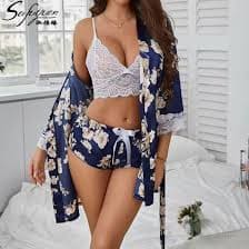 Beige & Navy Blue Printed Women Night suit